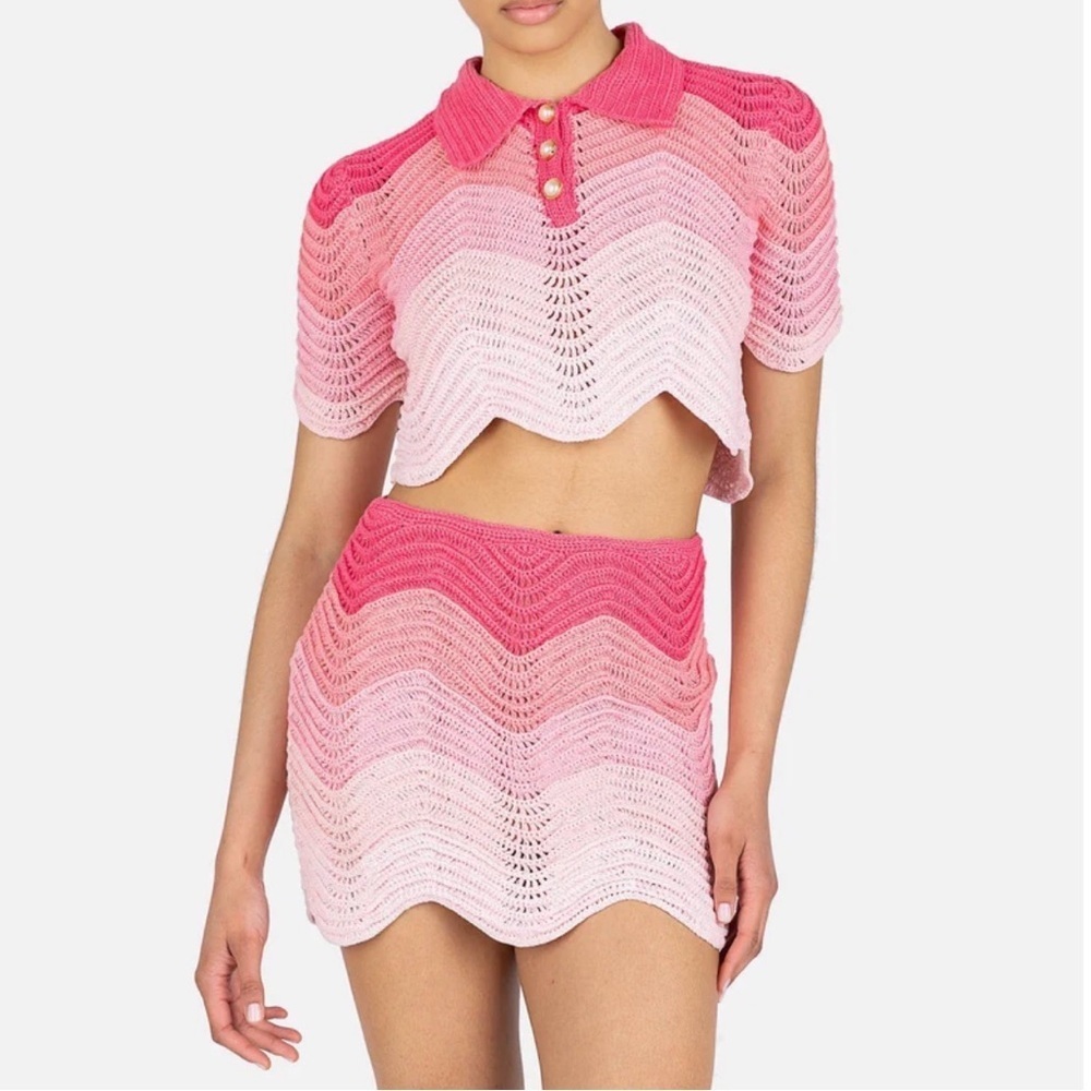Casablanca SET Skirt Polo Crochet Pink Gradient Wave Knit Mini Cotton Cute Rare - Picture 2 of 12